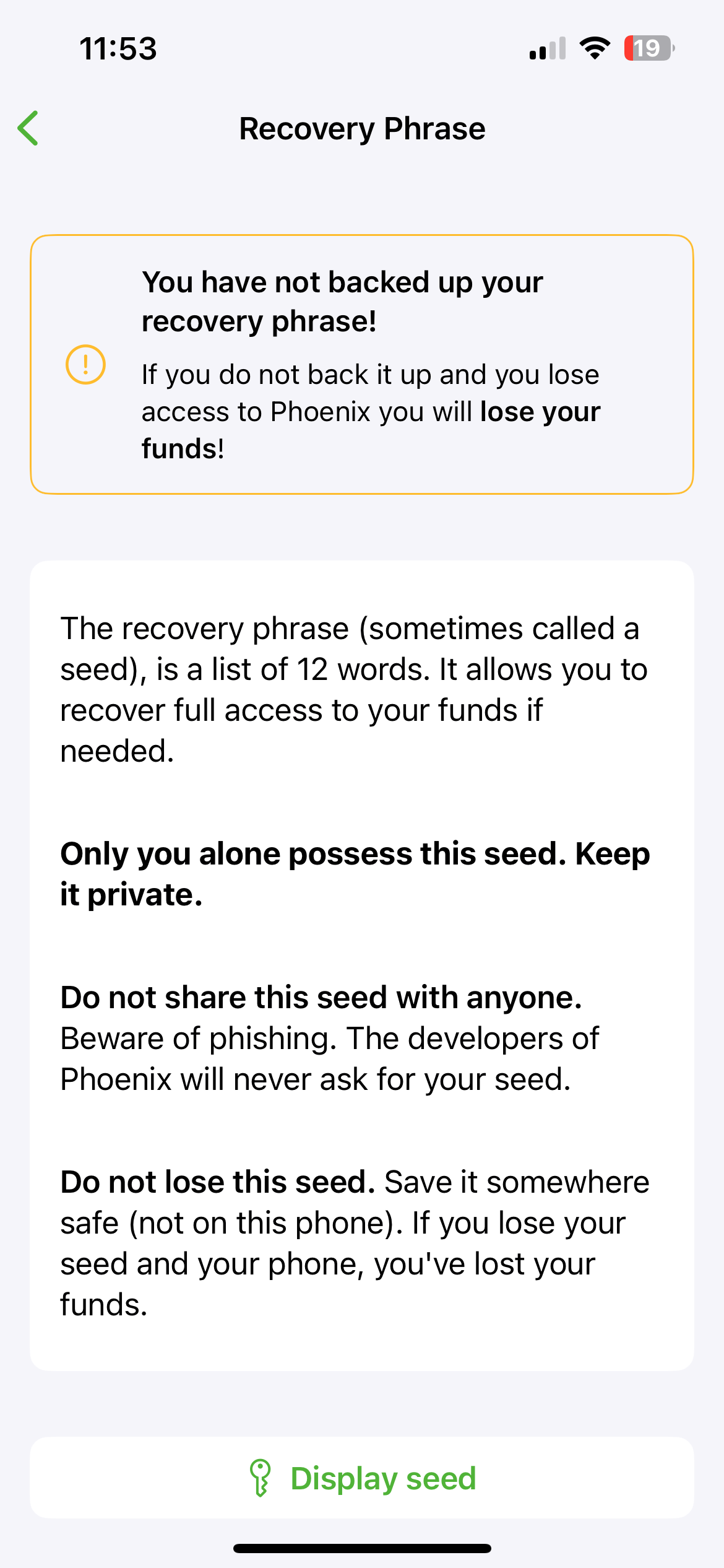 17 After tapping the "backup recovery phrase" warning message